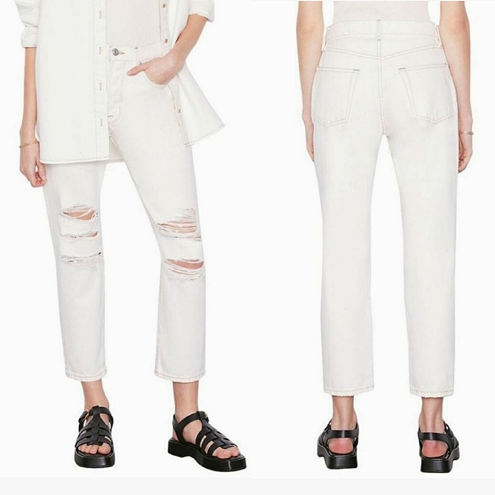 Frame Le Original Ripped Straight Leg High Rise Jeans In Off-White Size 27 - Picture 2 of 13